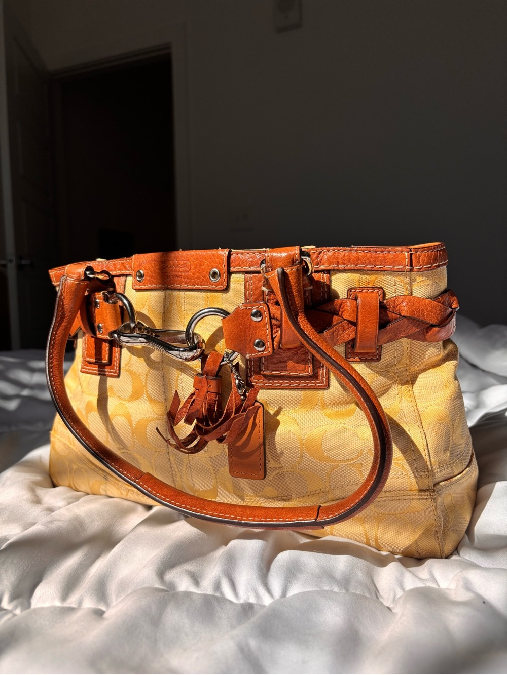 Coach Yellow Signature Canvas Shoulder Bag with Tan Leather Trim